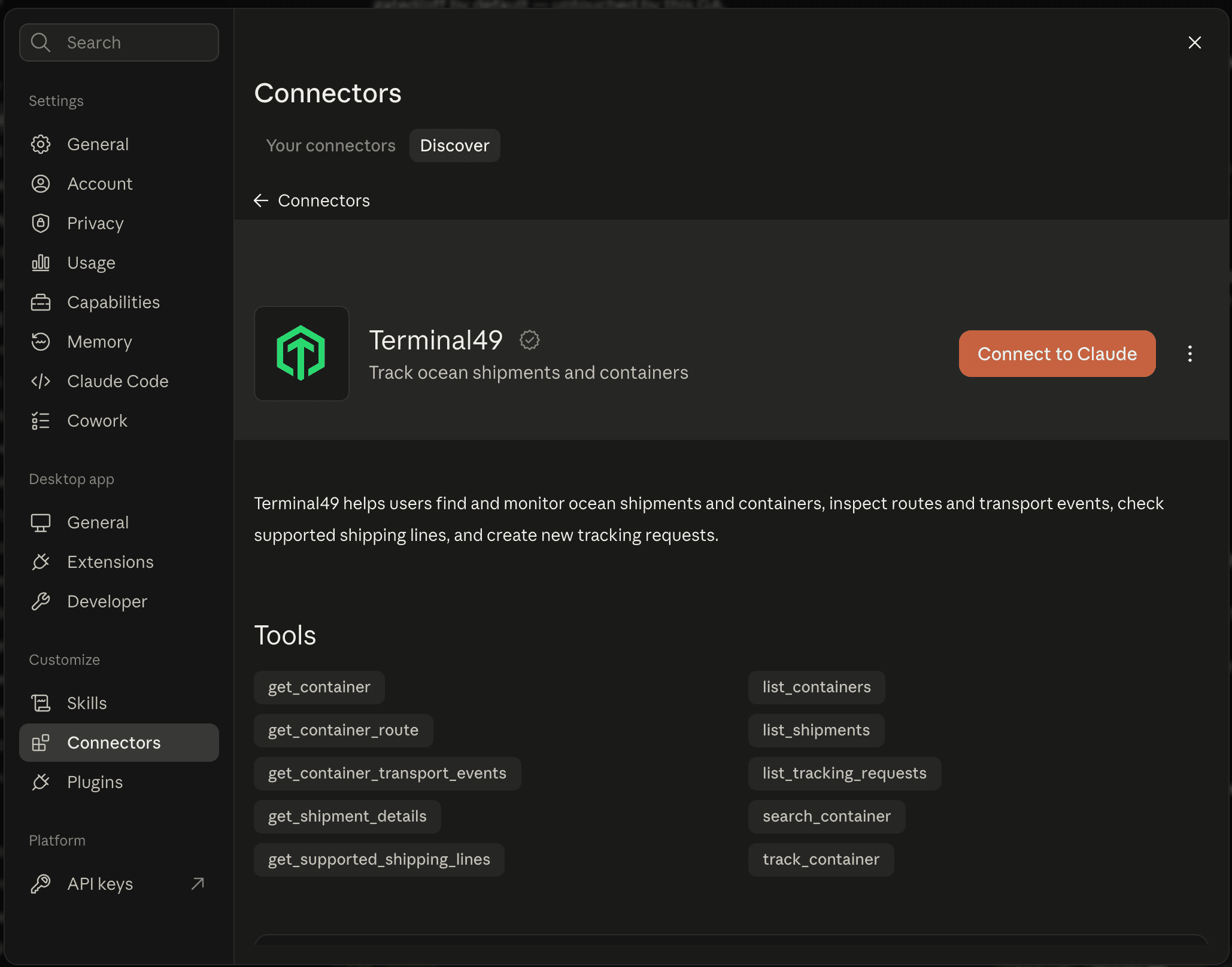 The Terminal49 connector in Claude's Settings, Connectors, Discover tab, showing the Connect to Claude button and the full list of available tools