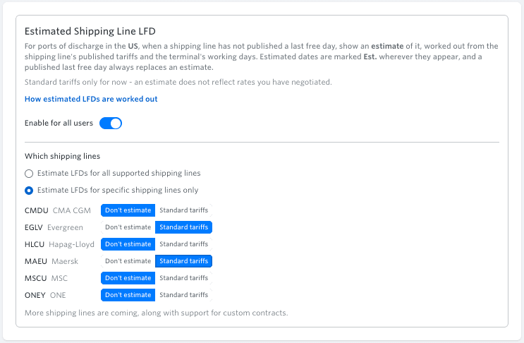 The Estimated LFD settings page, with Enable for all users on and per-carrier toggles for CMA CGM, Evergreen, Hapag-Lloyd, Maersk, MSC, and ONE