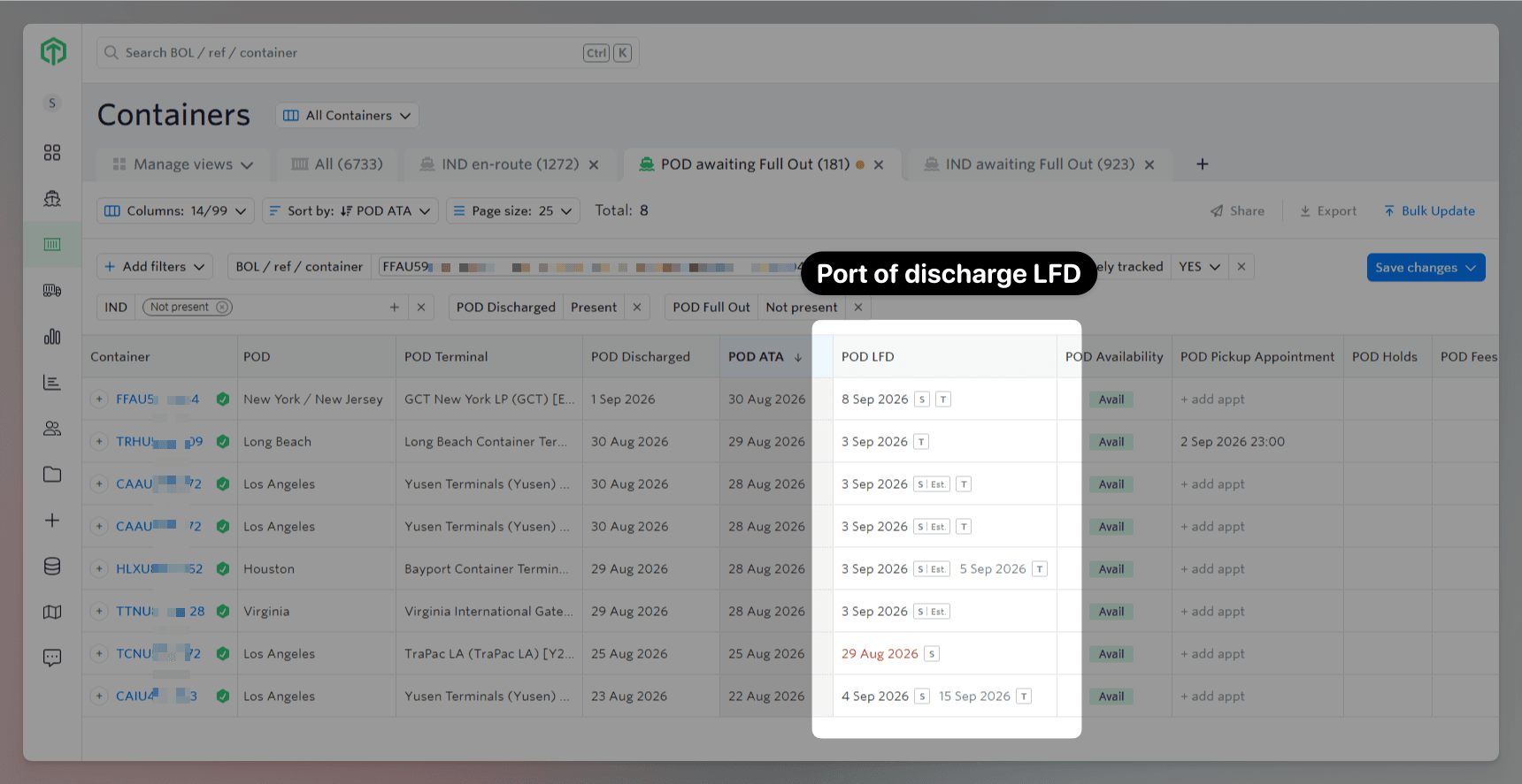 The POD LFD column in the Containers dashboard, showing carrier and terminal dates with source labels