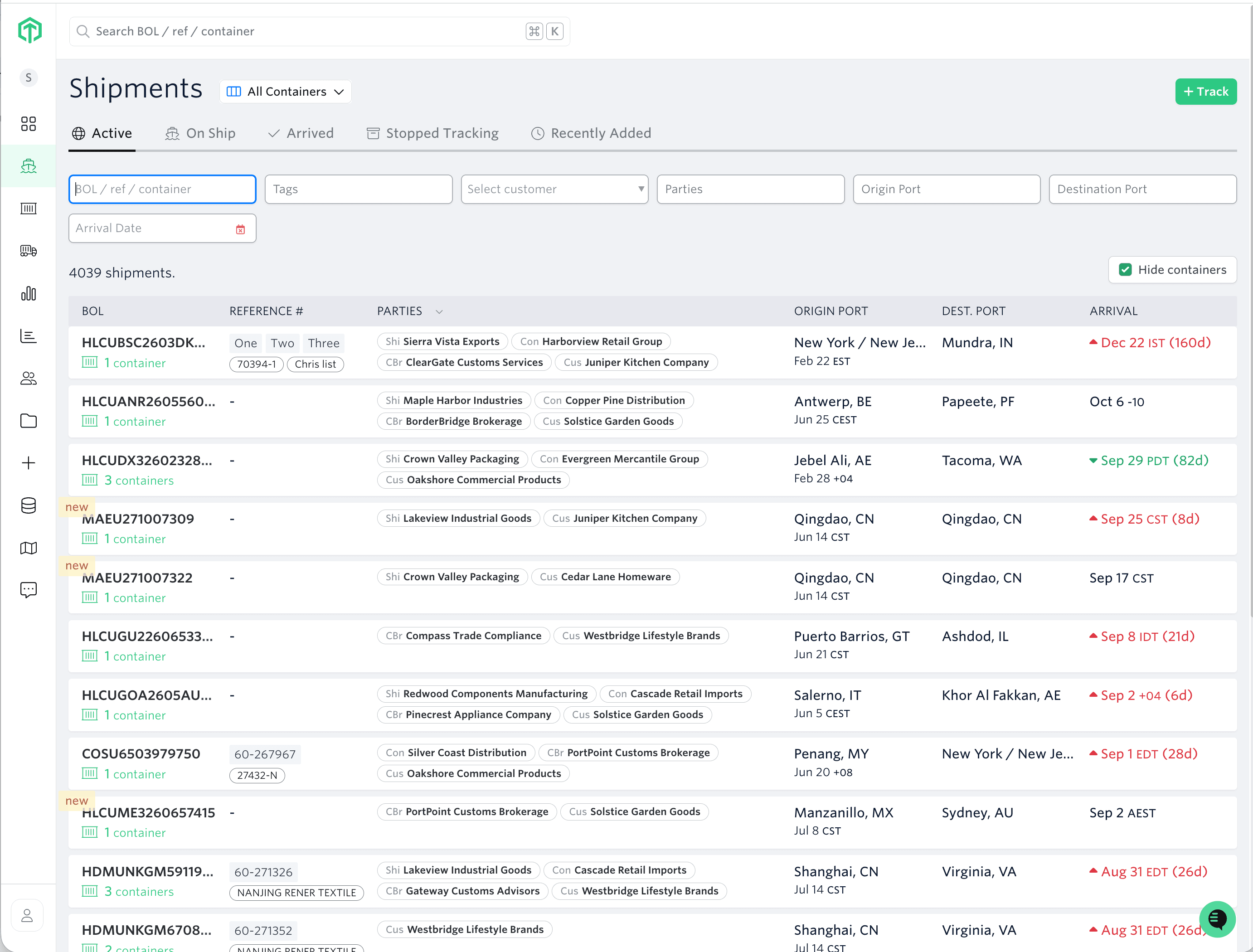 The Shipments dashboard with a Parties column showing shipper, consignee, broker, and customer for each row