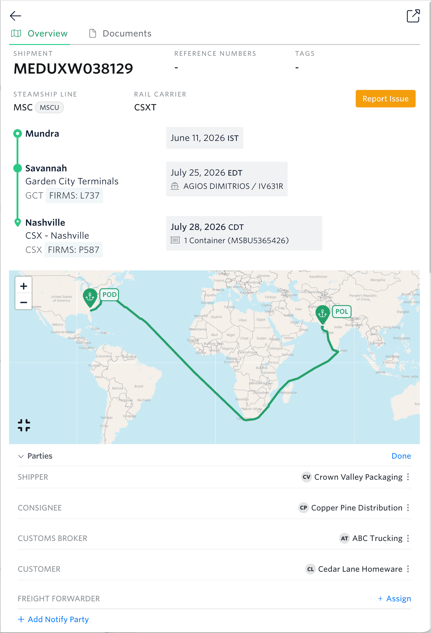 The Parties panel on a shipment, showing Shipper, Consignee, Customs Broker, Customer, and Freight Forwarder
