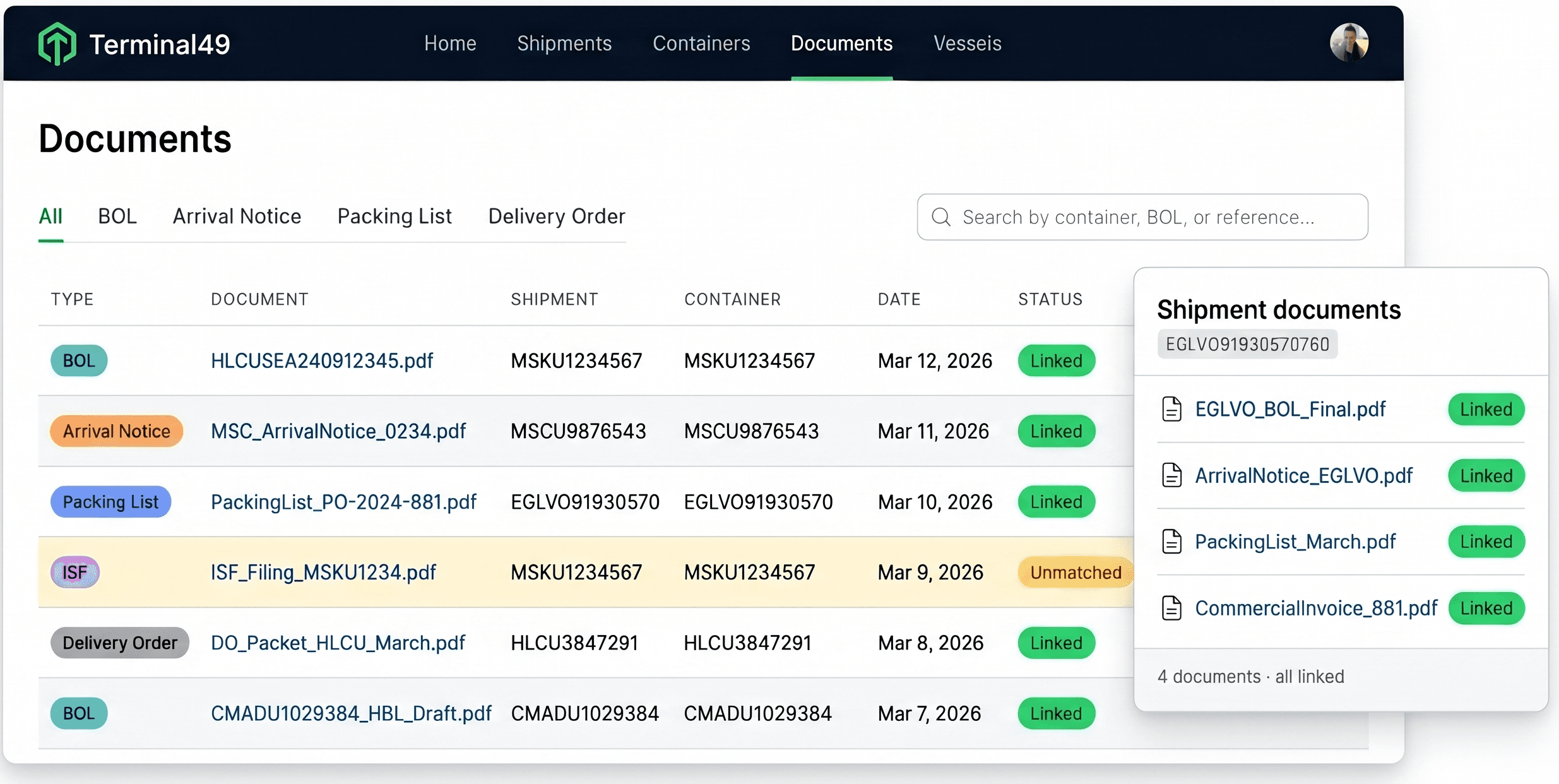 Terminal49 AI Document Hub — documents automatically classified and linked to shipments