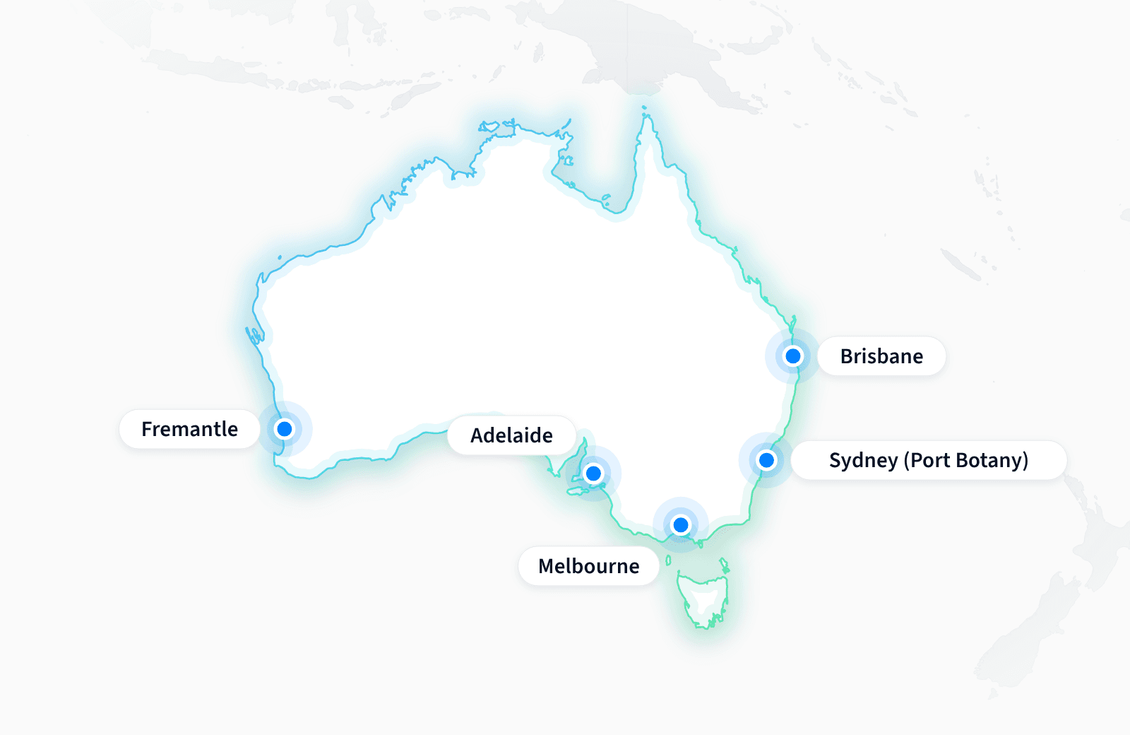 Map of Australia with Terminal49 terminal coverage marked at Brisbane, Sydney (Port Botany), Melbourne, Adelaide and Fremantle