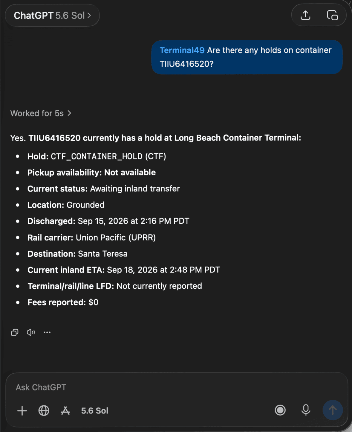A ChatGPT conversation asking about holds on a container, answered using the Terminal49 app, showing hold reason, pickup availability, and inland transfer status